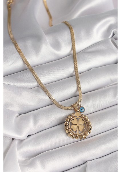 Bfs 316L Çelik Gold Renk Italyan Zincir Dorika Yonca Model Nazar Boncuk Detay Kadın Kolye fiyatları