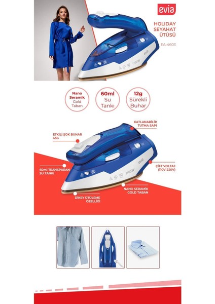 Mavi Seyahat Ütüsü EA-4603, Kompakt ve Hızlı Ütüleme Için Ideal