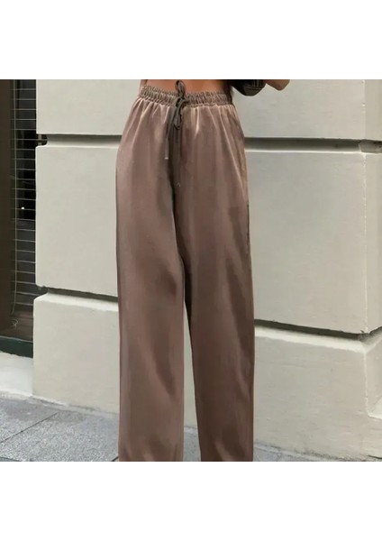 Koyu Bej Renk Parlak Kumaş Cepli Kadın Palazzo Pantolon