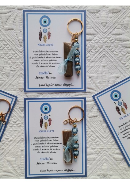 64 Adet Kişiye Özel Nazar Ayeti Sünnet Hatırası Dağıtmalık Hediyelik Mavi Renk Anahtarlık ve Kına