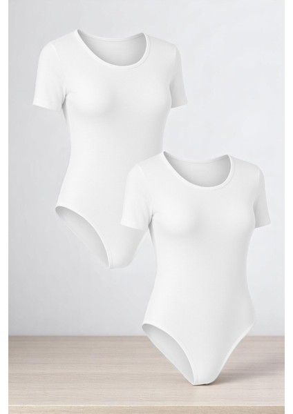 Kadın Pamuklu Likralı Penye Kısa Kol Bisiklet Yaka Beyaz 2'li Çıtçıtlı Body