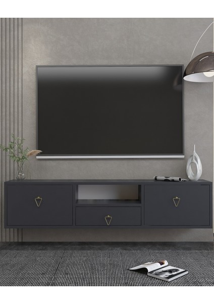 1303DROPCT-1 Duvara Montaj Tv Sehpası Antrasit-Altın Kulp