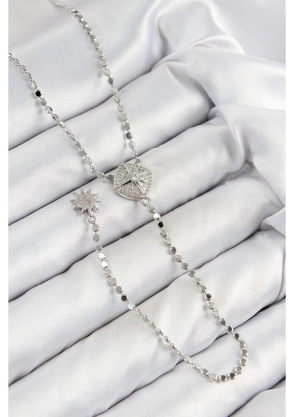 Bfs Pirinç Zirkon Taşlı Ezme Zincirli Madalyon Model Gümüş Renk Y Kolye