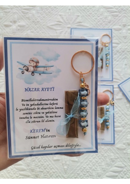 64 Adet Kişiye Özel Nazar Ayeti Sünnet Hatırası Dağıtmalık Hediyelik Mavi Renk Anahtarlık ve Kına