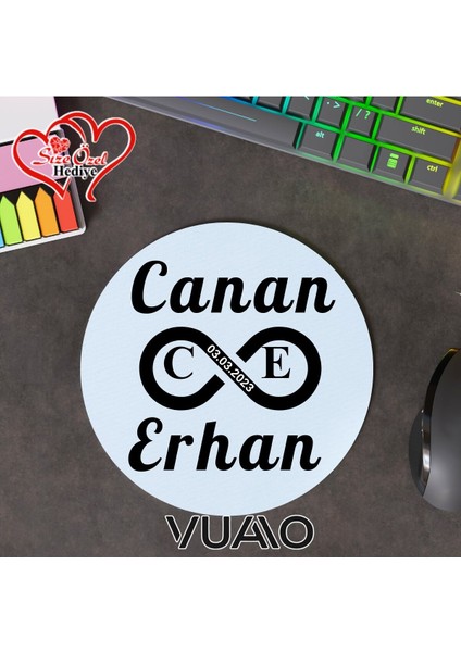Kişiye Özel Isimli, Tarihli ve Sonsuzluk Yuvarlak Mouse Pad 19.5 Cm, Kaymaz Taban - Baskılı Mousepad