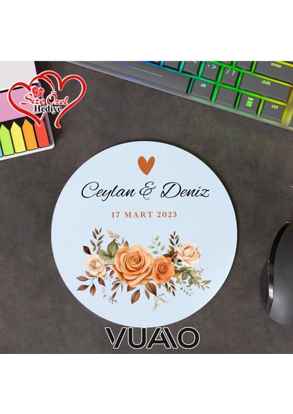 Kişiye Özel Isimli ve Tarihli Yuvarlak Mouse Pad 19.5 Cm, Kaymaz Taban - Baskılı Mousepad