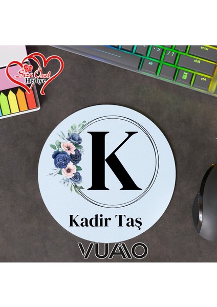 Kişiye Özel Isimli ve Harfli Yuvarlak Mouse Pad 19.5 Cm, Kaymaz Taban - Baskılı Mousepad