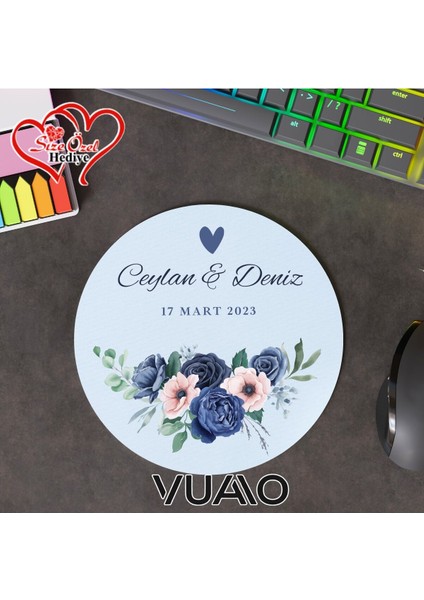 Kişiye Özel Isimli ve Tarihli Yuvarlak Mouse Pad 19.5 Cm, Kaymaz Taban - Baskılı Mousepad