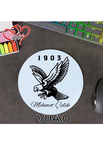 Kişiye Özel Isimli ve Kartal Temalı Yuvarlak Mouse Pad 19.5 Cm, Kaymaz Taban - Baskılı Mousepad