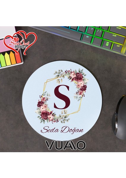 Kişiye Özel Isimli ve Harfli Yuvarlak Mouse Pad 19.5 Cm, Kaymaz Taban - Baskılı Mousepad