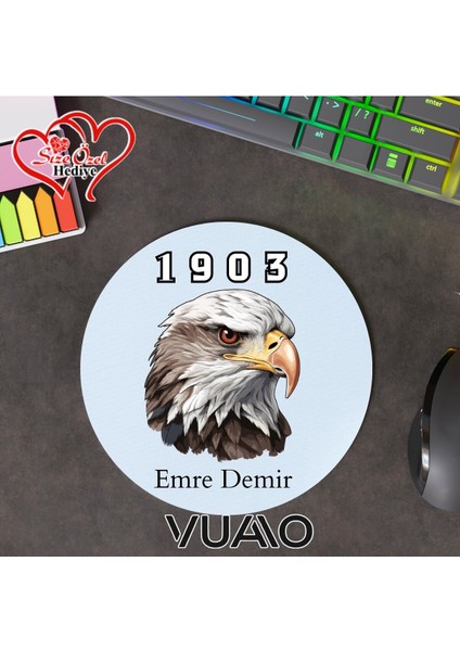 Kişiye Özel Isimli ve Kartal Temalı Yuvarlak Mouse Pad 19.5 Cm, Kaymaz Taban - Baskılı Mousepad