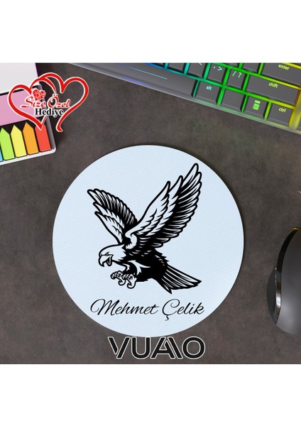 Kişiye Özel Isimli ve Kartal Temalı Yuvarlak Mouse Pad 19.5 Cm, Kaymaz Taban - Baskılı Mousepad