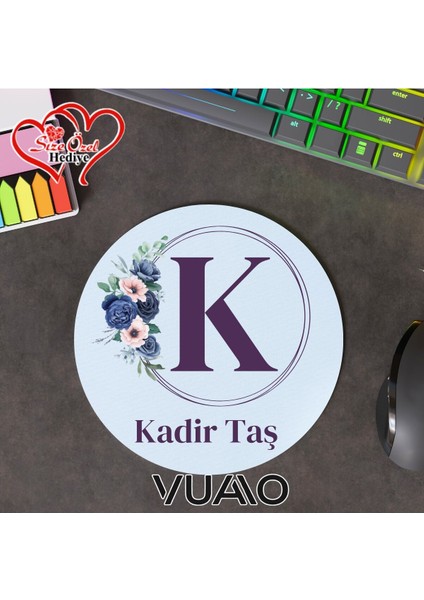 Kişiye Özel Isimli ve Harfli Yuvarlak Mouse Pad 19.5 Cm, Kaymaz Taban - Baskılı Mousepad