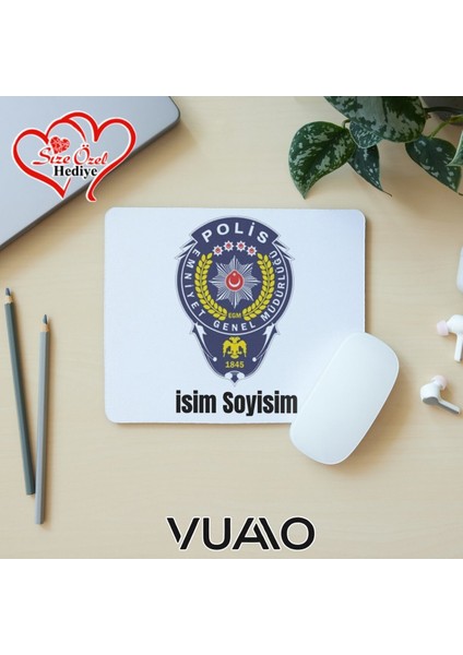 Kişiye Özel Isimli ve Polis Amblemi Mouse Pad 21X17 Cm, Kaymaz Taban - Baskılı Mousepad
