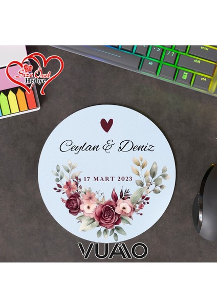 Kişiye Özel Isimli ve Tarihli Yuvarlak Mouse Pad 19.5 Cm, Kaymaz Taban - Baskılı Mousepad