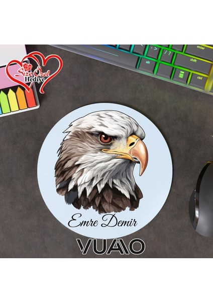 Kişiye Özel Isimli ve Kartal Temalı Yuvarlak Mouse Pad 19.5 Cm, Kaymaz Taban - Baskılı Mousepad