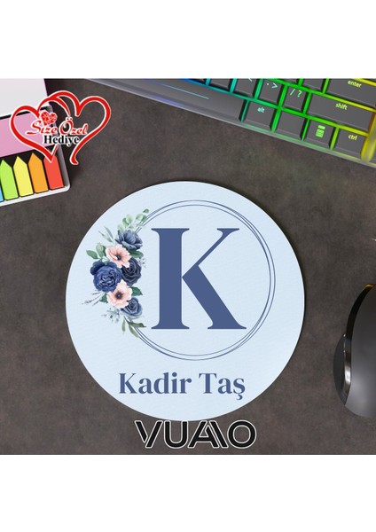 Kişiye Özel Isimli ve Harfli Yuvarlak Mouse Pad 19.5 Cm, Kaymaz Taban - Baskılı Mousepad