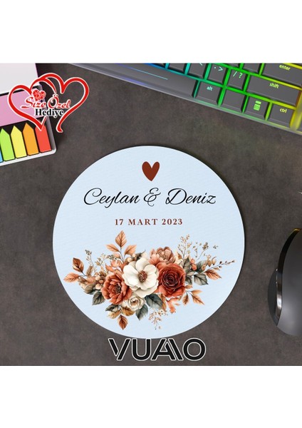 Kişiye Özel Isimli ve Tarihli Yuvarlak Mouse Pad 19.5 Cm, Kaymaz Taban - Baskılı Mousepad