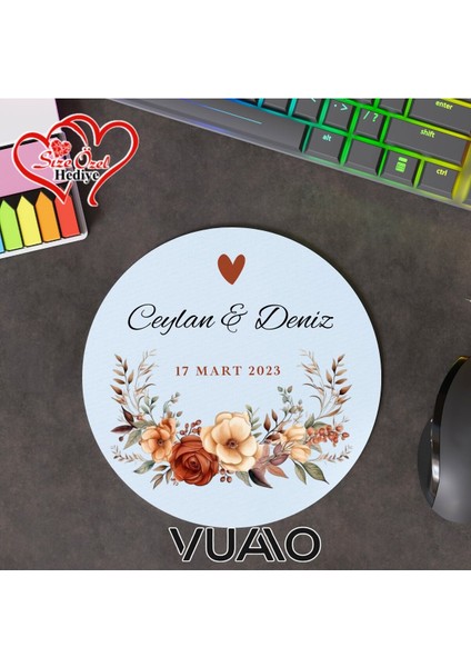 Kişiye Özel Isimli ve Tarihli Yuvarlak Mouse Pad 19.5 Cm, Kaymaz Taban - Baskılı Mousepad