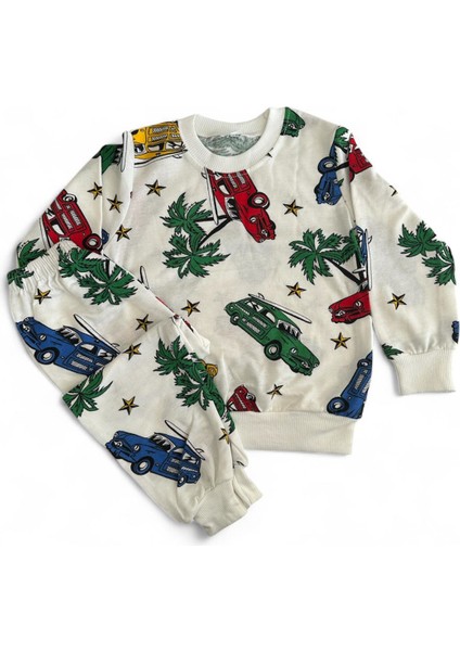 Erkek Çocuk Araba Baskılı %100 Pamuk Mevsimlik Pijama Takımı