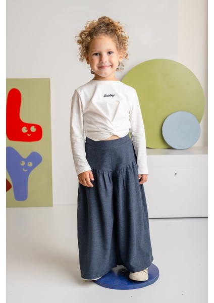 Kız Çocuk Ince Kaşe Pileli Bol Pantolon - Lacivert