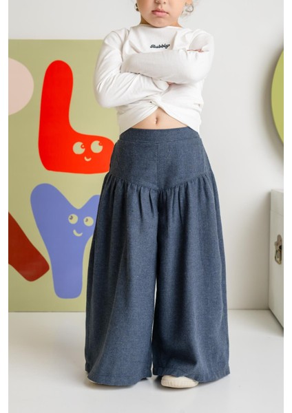 Kız Çocuk Ince Kaşe Pileli Bol Pantolon - Lacivert fiyatları
