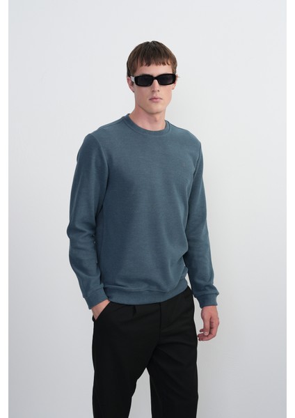 Erkek Bisiklet Yaka Basic Bol Mavi Sweatshirt