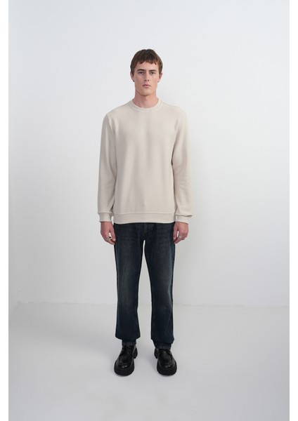 Erkek Bisiklet Yaka Basic Bol Krem Sweatshirt modelleri