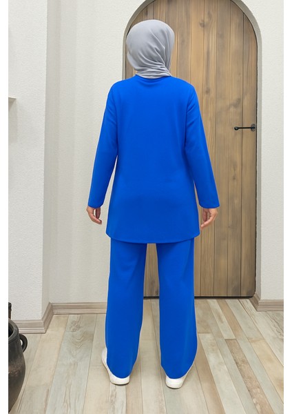 Saks Mavi Pamuklu Penye Tunik ve Bol Paça Pantolon Takım – Normal ve Büyük Beden fiyatları