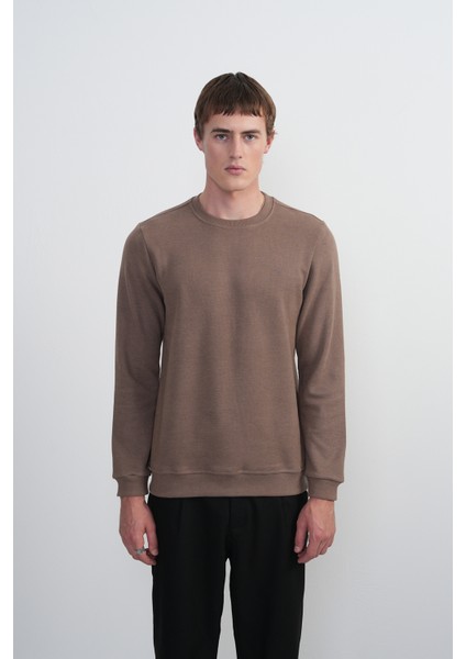 Erkek Bisiklet Yaka Basic Bol Kahve Sweatshirt