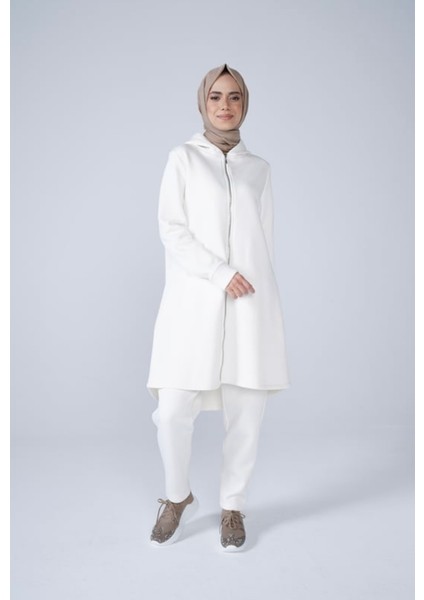 Tesettür Üç Iplik Fermuarlı Uzun Sweatshirt ve Bel Lastikli Dar Paça Pantolon Eşofman Takımı