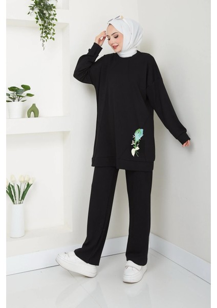 Modal Kumaş Siyah Sweatshirt ve Bol Paça Pantolon Takım – Baskılı, Normal ve Büyük Beden