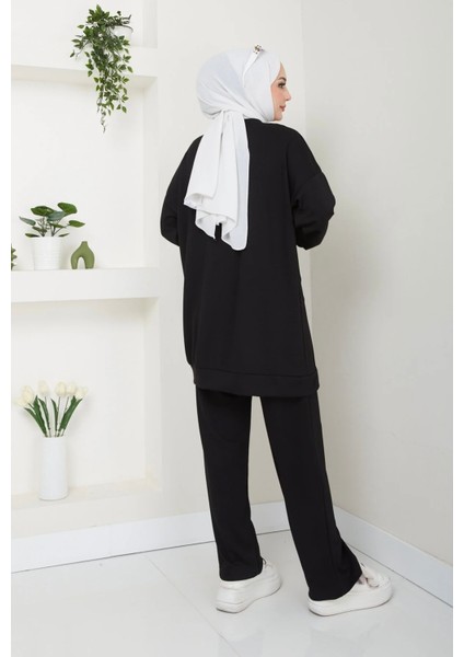 Modal Kumaş Siyah Sweatshirt ve Bol Paça Pantolon Takım – Baskılı, Normal ve Büyük Beden fiyatları