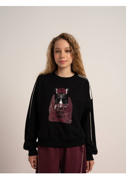 09-15 Yaş Arası Kız Çocuk 2 Iplik Köpek Baskılı Sweat - Siyah