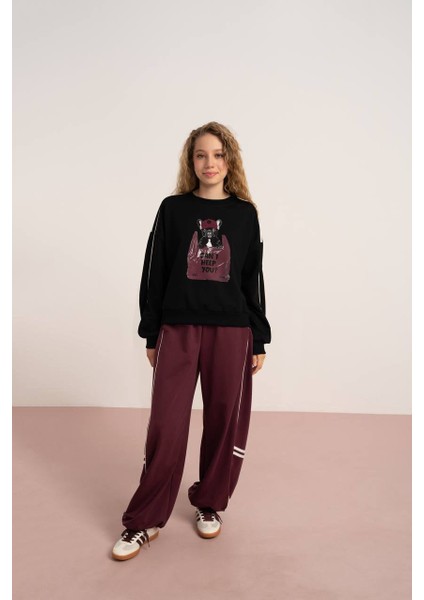 09-15 Yaş Arası Kız Çocuk 2 Iplik Köpek Baskılı Sweat - Siyah fiyatları