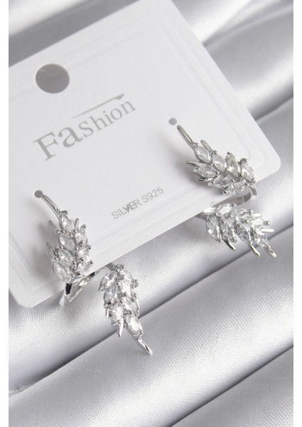 Bfs Pirinç Gümüş Renk Zirkon Taşlı Yaprak Model Kadın Küpe