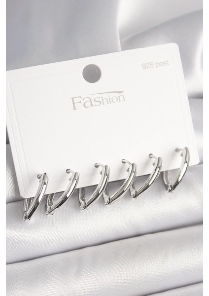 Bfs 925 Ayar Gümüş Çivi Pirinç Gümüş Renk Üçgen Model Kadın Küpe Seti