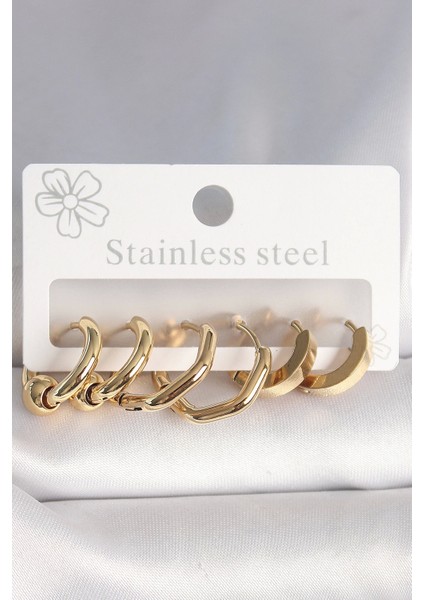Bfs 316L Çelik Gold Renk Altıgen Halka Model Kadın Küpe Seti