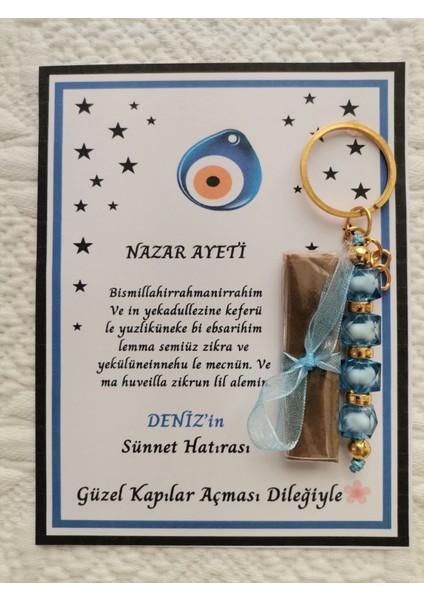 32 Adet Kişiye Özel Nazar Ayeti Sünnet Hatırası Dağıtmalık Hediyelik Mavi Renk Anahtarlık ve Kına