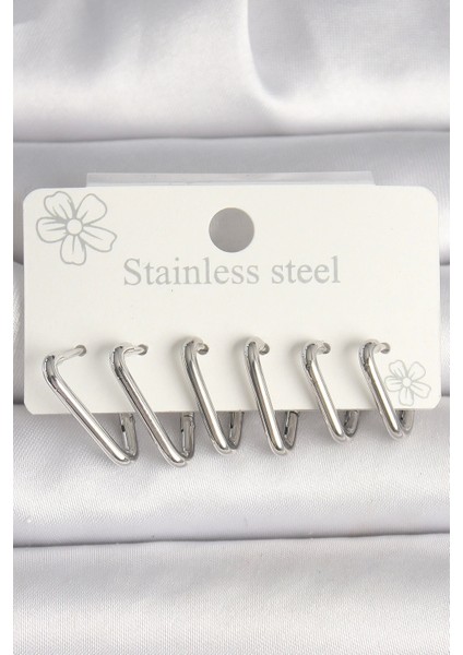 Bfs 316L Çelik Gümüş Renk Üçgen Model Kadın Küpe Seti