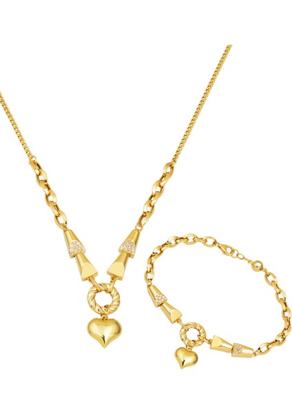 Zincirli Kalp Ikili Set 14 Ayar Altın