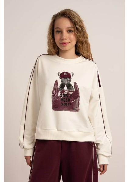 09-15 Yaş Arası Kız Çocuk 2 Iplik Köpek Baskılı Sweat - Ekru