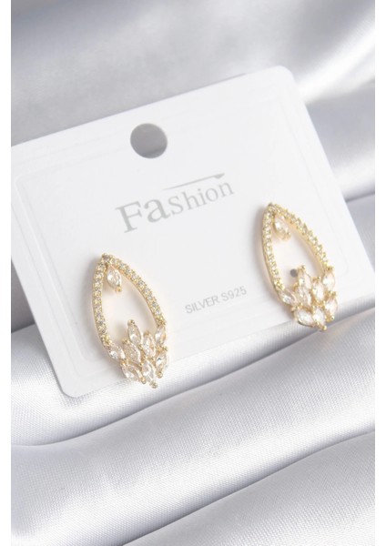 Bfs Pirinç Gold Renk Zirkon Taşlı Kadın Küpe