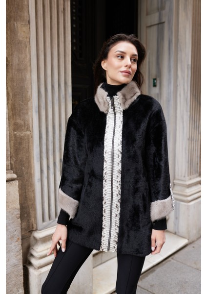 Arvena Hakiki Kürk Uzun Kaban Siyah