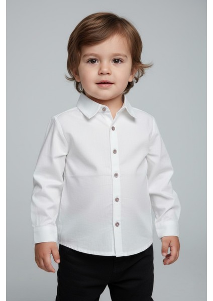 Erkek Çocuk Poplin Uzun Kollu Düz Beyaz Gömlek (2-3 Yaş 8-9 Yaş)