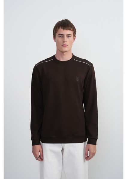 Erkek Omuz Çizgili Bisiklet Yaka Kahve Sweatshirt
