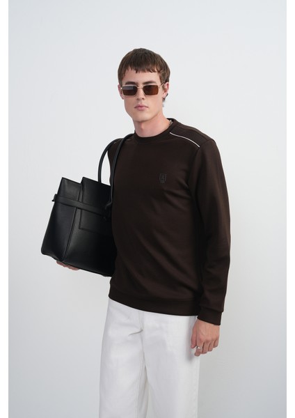 Erkek Omuz Çizgili Bisiklet Yaka Kahve Sweatshirt