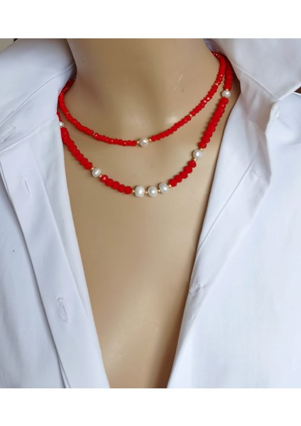 Tatlı Su Incisi & Kırmızı Kristal Boncuk 2 Sıralı Tasarım Kolye