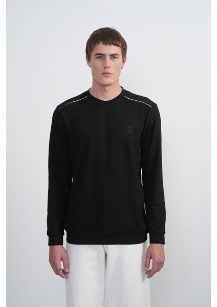 Erkek Omuz Çizgili Bisiklet Yaka Siyah Sweatshirt