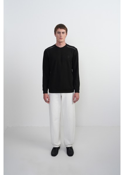 Erkek Omuz Çizgili Bisiklet Yaka Siyah Sweatshirt modelleri